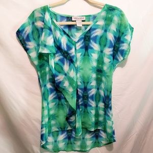 Closet Full Sheer Sz Small Green Blues Ruffle Top